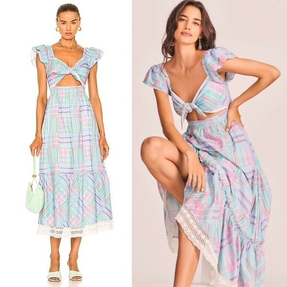 LoveShackFancy- Blue Purple Multicolor Plaid Emeka Cotton Tie Front Dress Size S - Picture 1 of 16